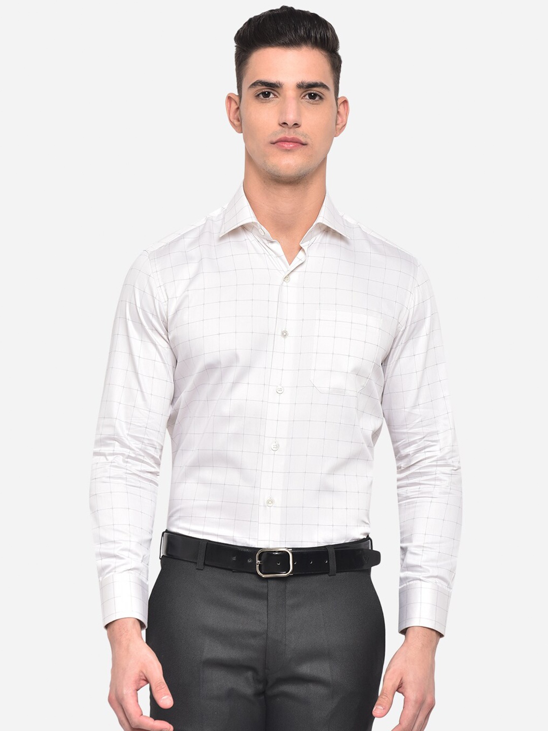 

JADE BLUE Men Off White Classic Slim Fit Windowpane Checks Pure Cotton Formal Shirt