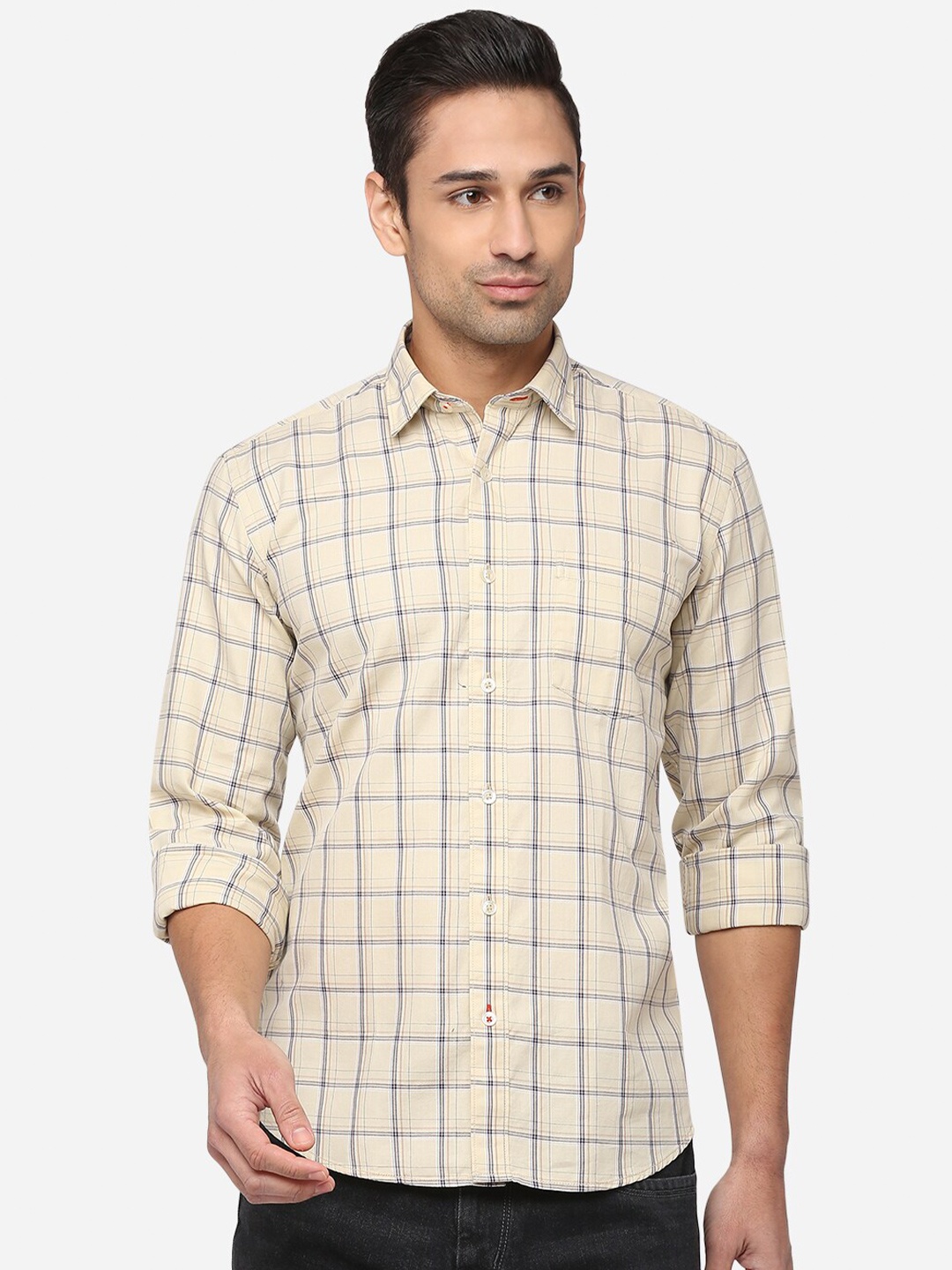 

JADE BLUE Men Yellow Classic Slim Fit Checked Pure Cotton Casual Shirt