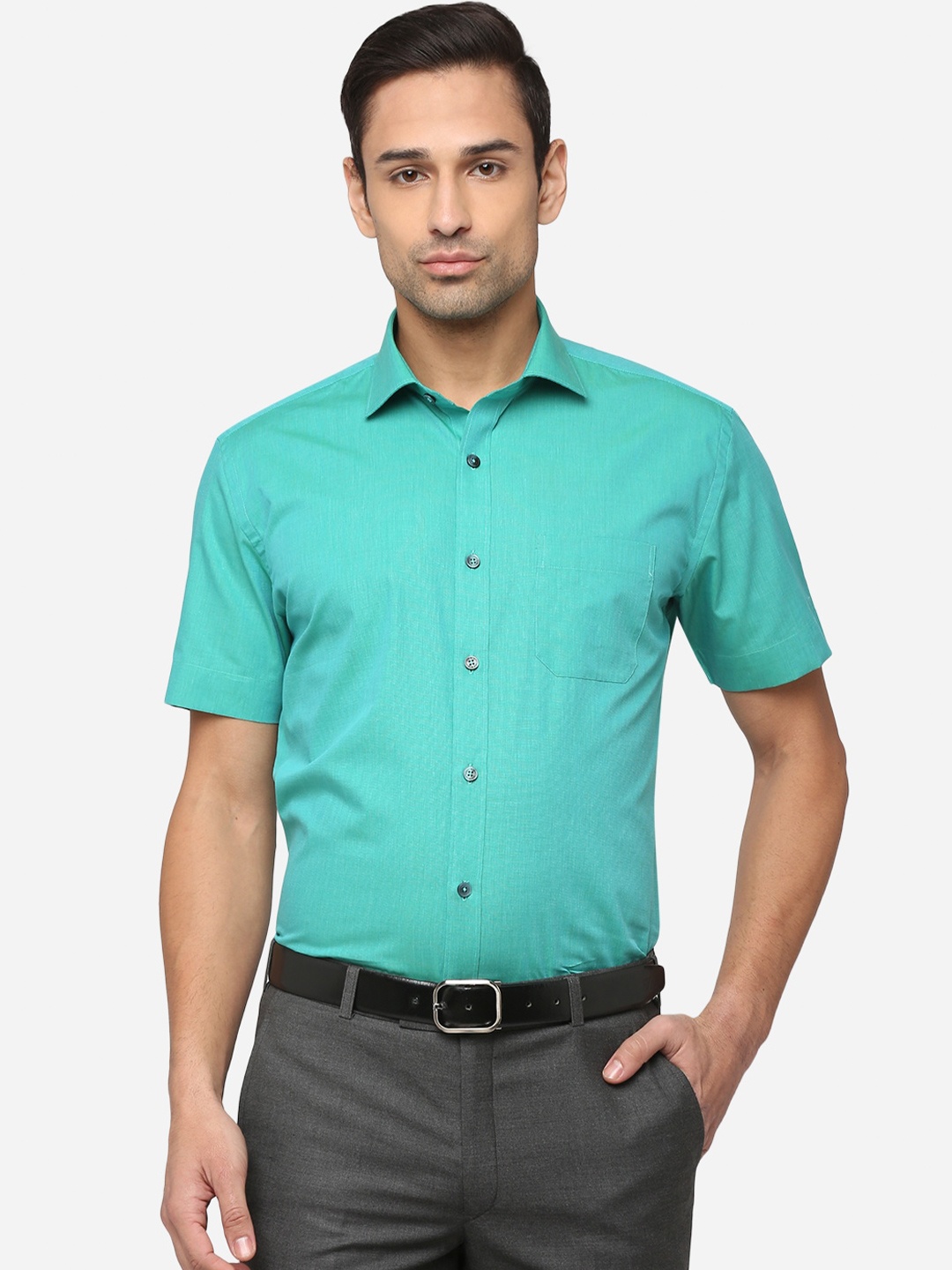 

JADE BLUE Men Sea Green Solid Classic Pure Cotton Formal Shirt