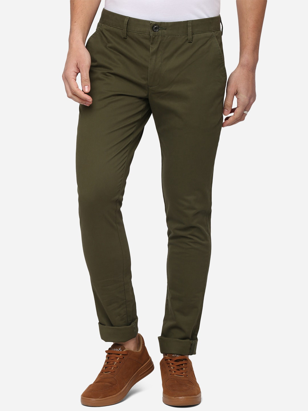 

JADE BLUE Men Olive Green Slim Fit Pure Cotton Trousers