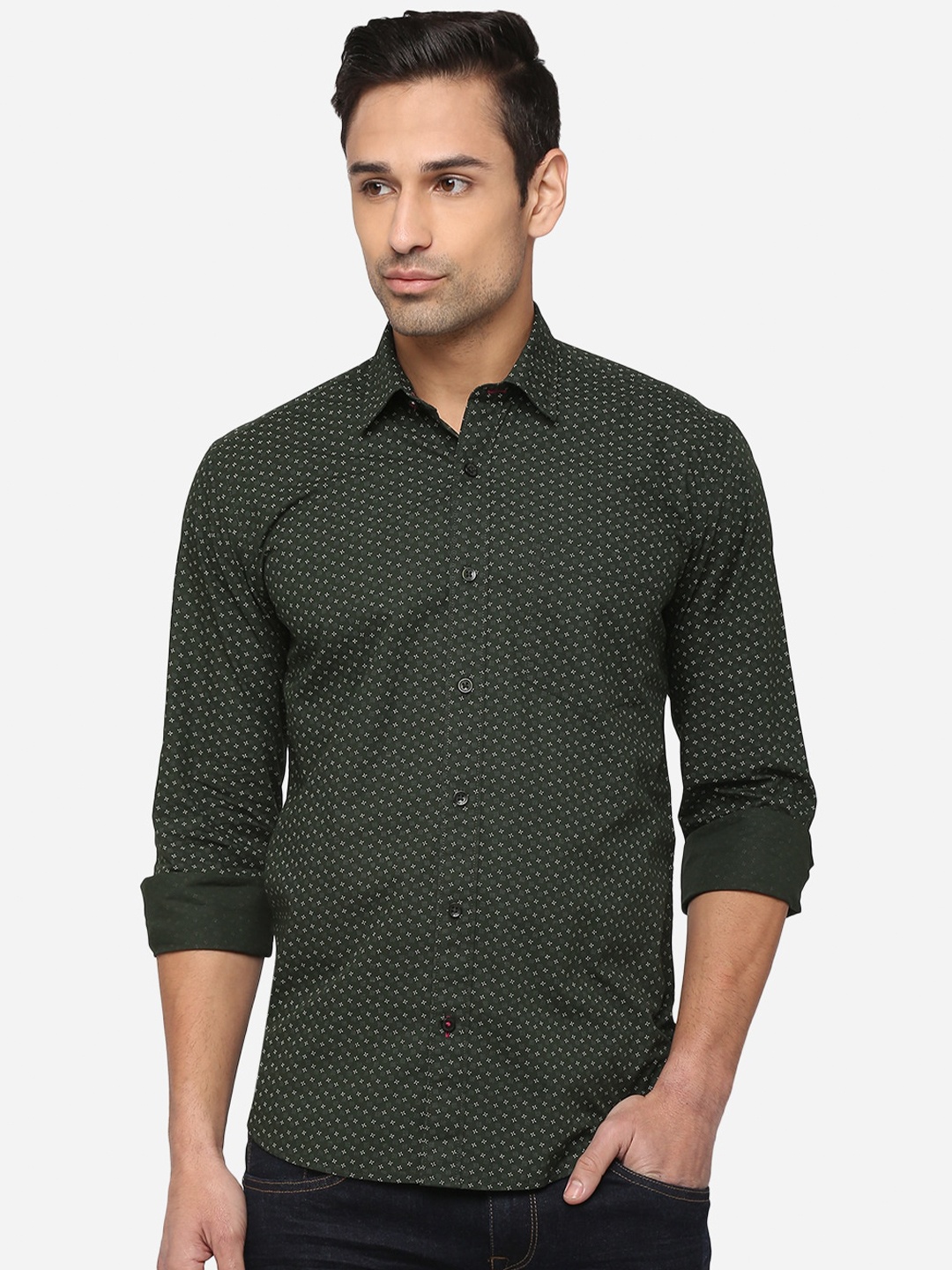 

JADE BLUE Men Green White Classic Slim Fit Printed Pure Cotton Casual Shirt