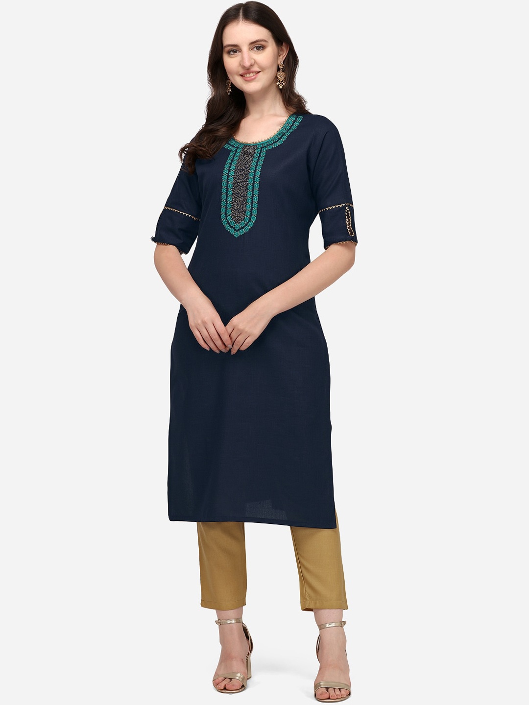 

Florence Women Navy Blue Yoke Embroidered Gotta Patti Cotton Kurta