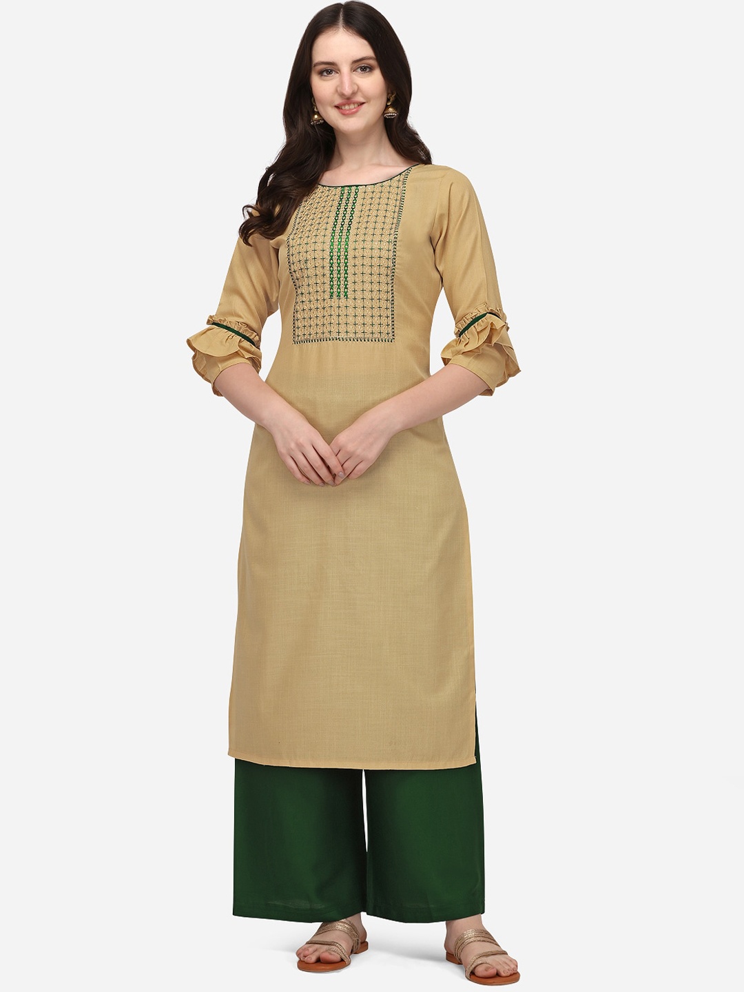 

Florence Women Beige Yoke Embroidered Bell Sleeves Cotton Kurta