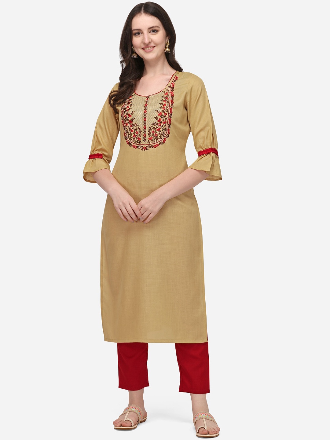 

Florence Women Beige Yoke Embroidered Bell Sleeves Cotton Kurta
