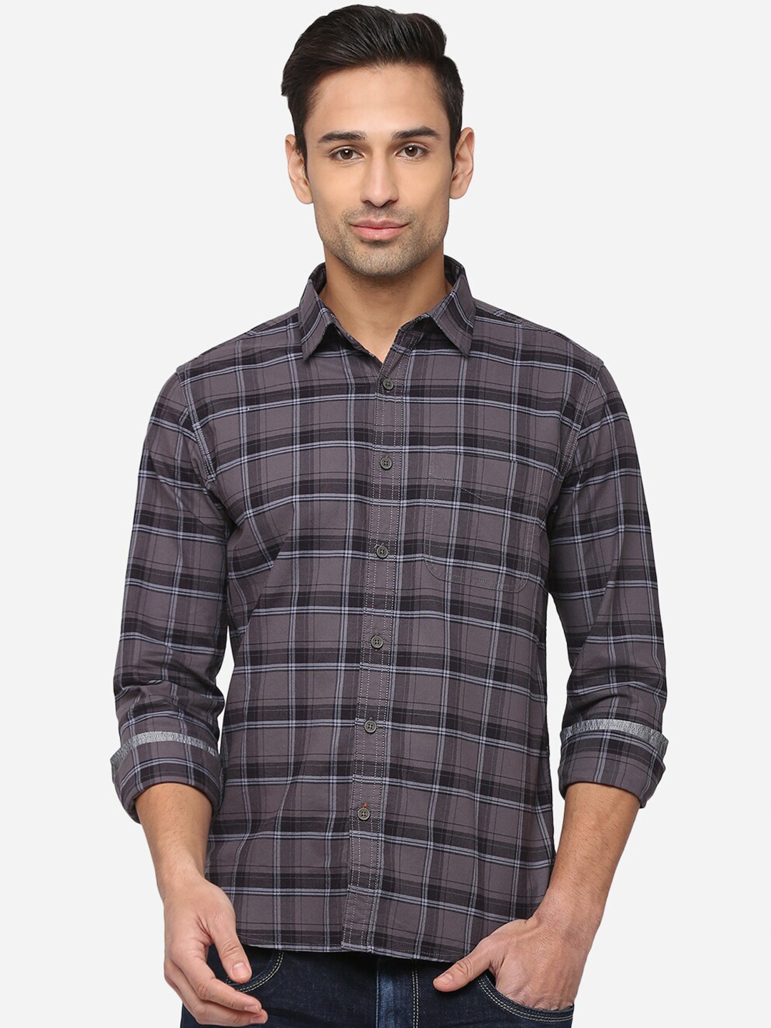 

Greenfibre Men Grey Classic Slim Fit Checked Casual Shirt