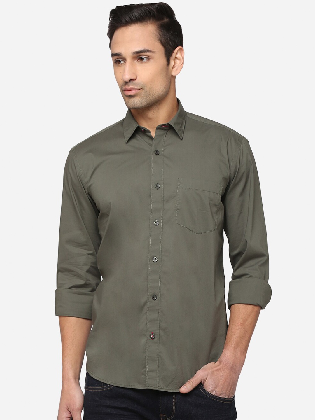 

Greenfibre Men Olive Green Pure Cotton Casual Shirt