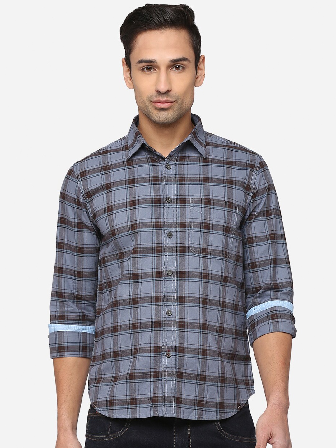 

Greenfibre Men Blue Cotton Slim Fit Checked Casual Shirt