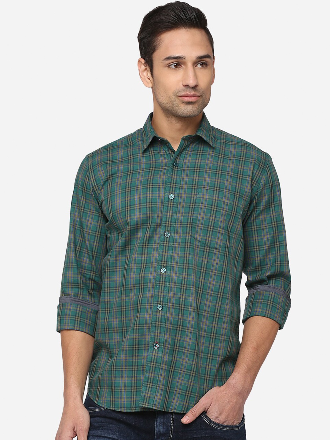 

Greenfibre Men Green Slim Fit Tartan Checked Pure Cotton Casual Shirt