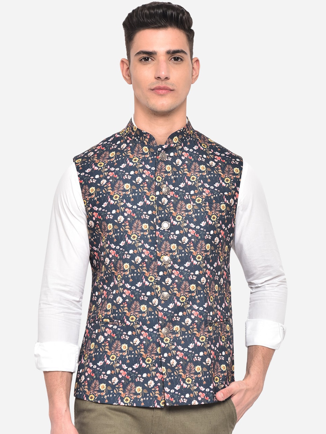 

Greenfibre Men Black Printed Regular Fit Nehru Jacket
