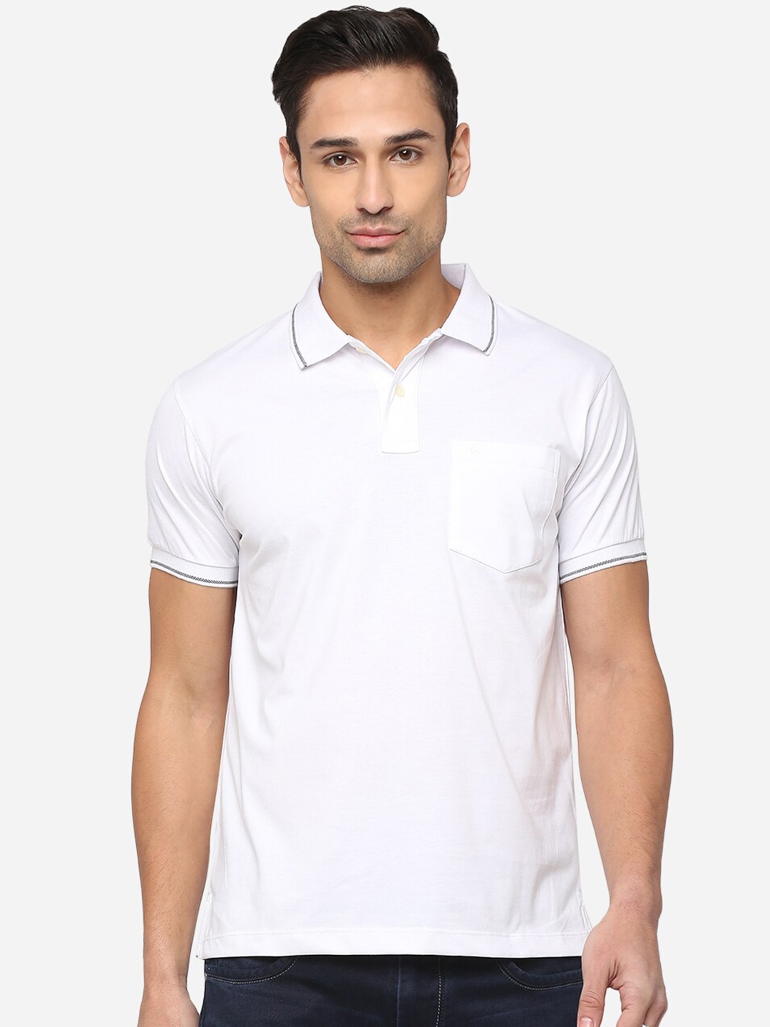 

Greenfibre Men White Polo Collar Pockets Slim Fit T-shirt