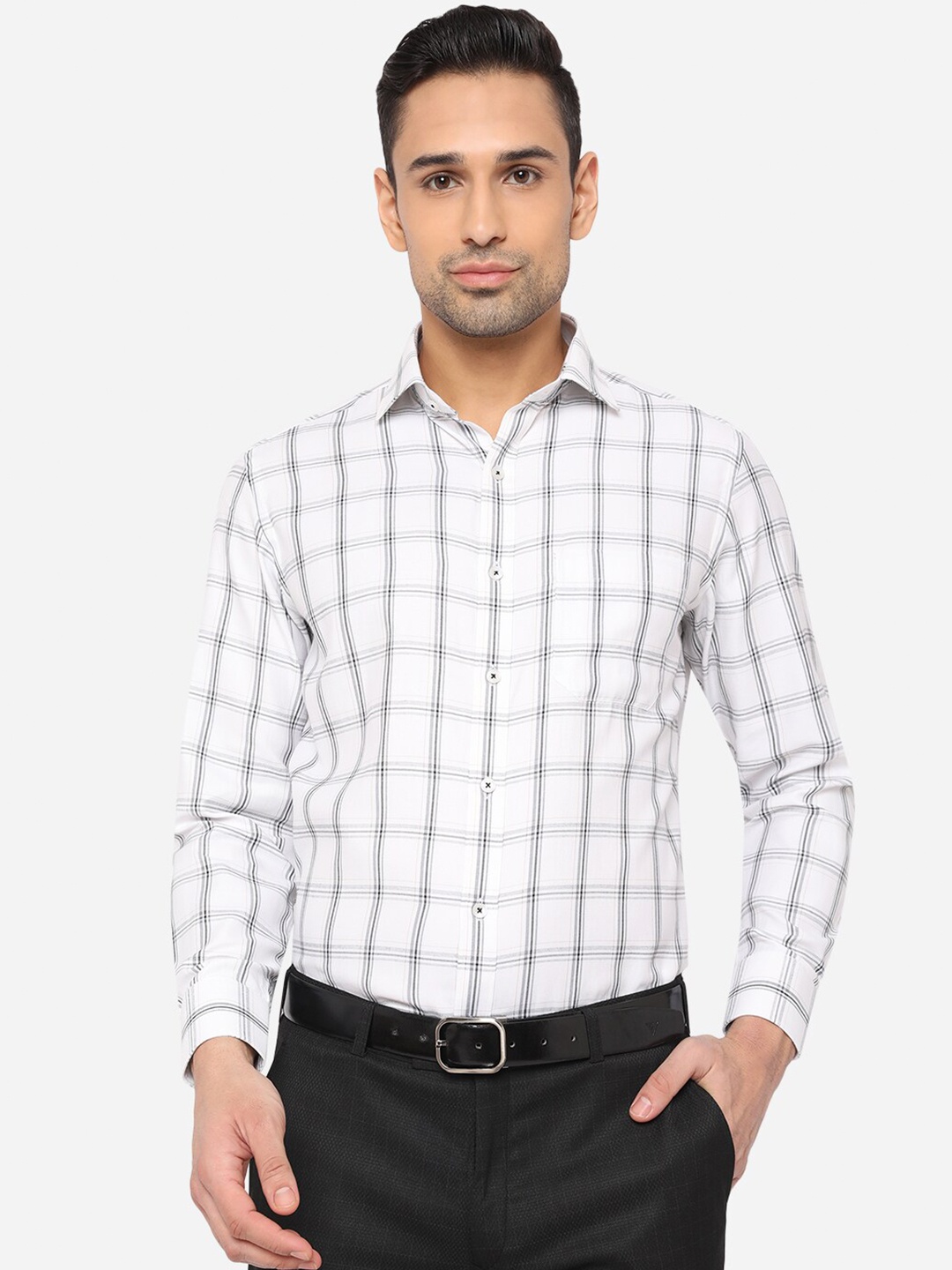 

Greenfibre Men White Slim Fit Windowpane Checks Checked Formal Shirt