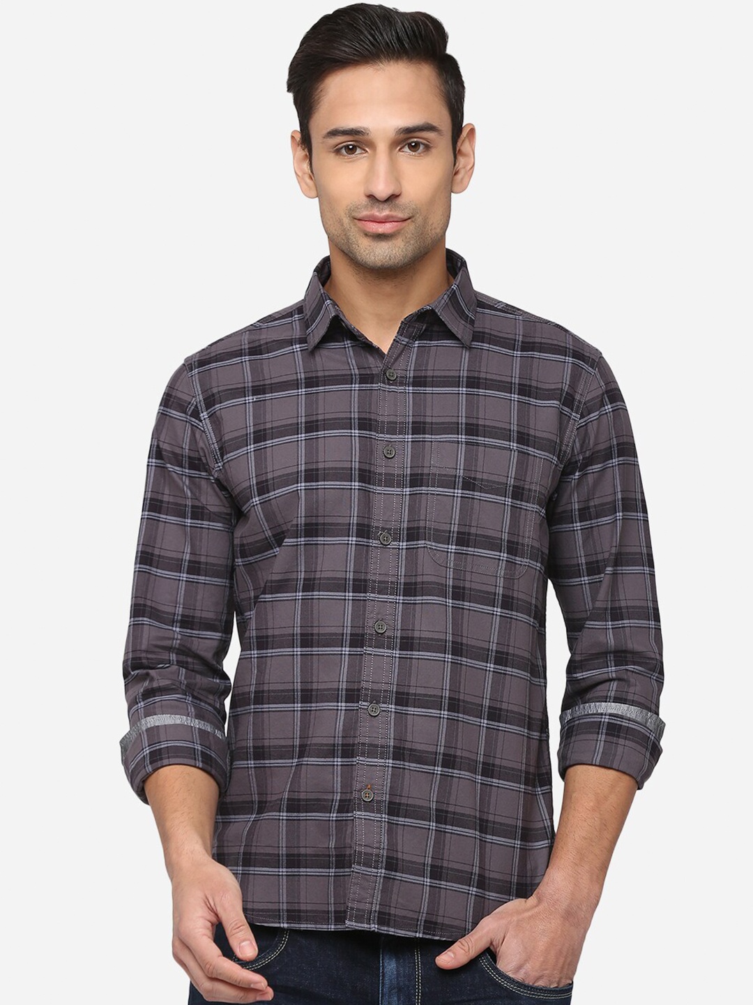 

Greenfibre Men Grey Slim Fit Tartan Checked Pure Cotton Casual Shirt