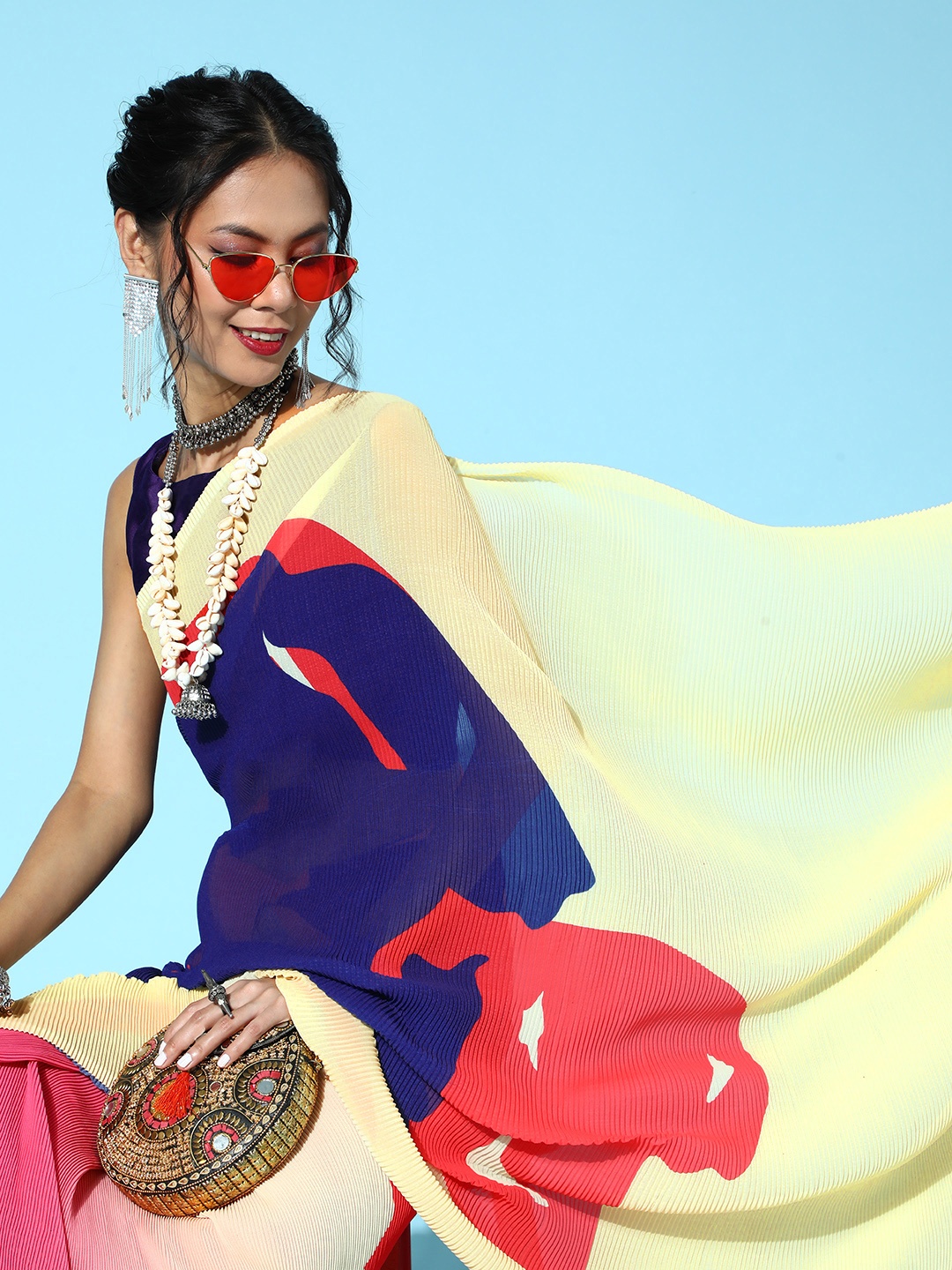 

Saree mall Navy Blue & Pink Abstract Print Sarees