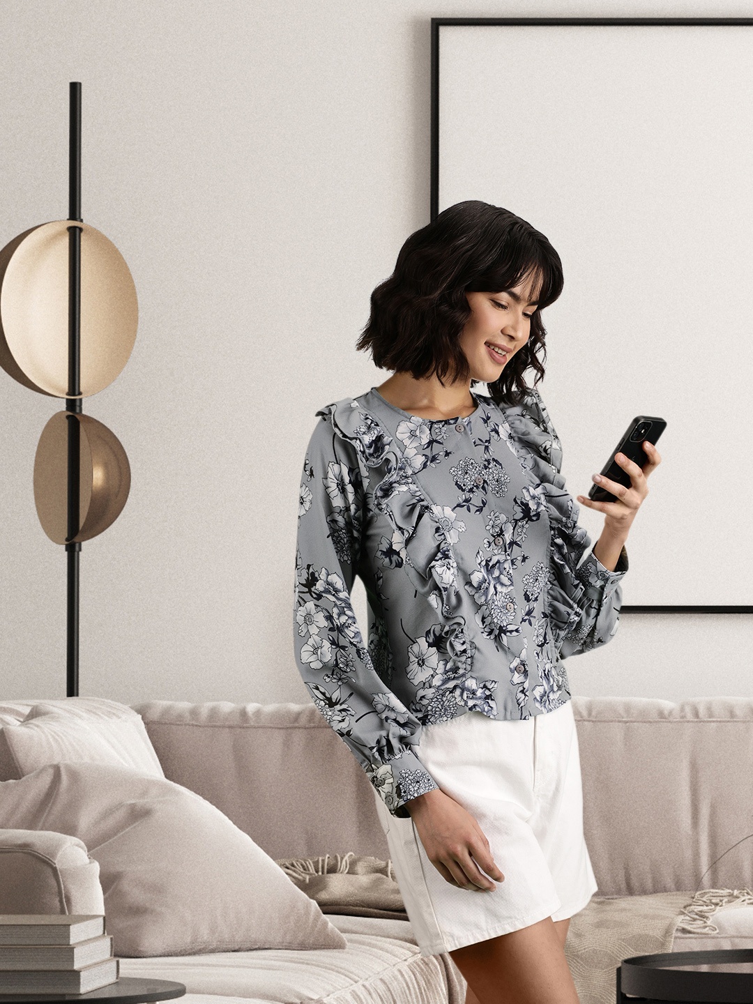 

Tokyo Talkies Grey Floral Print Ruffles Top