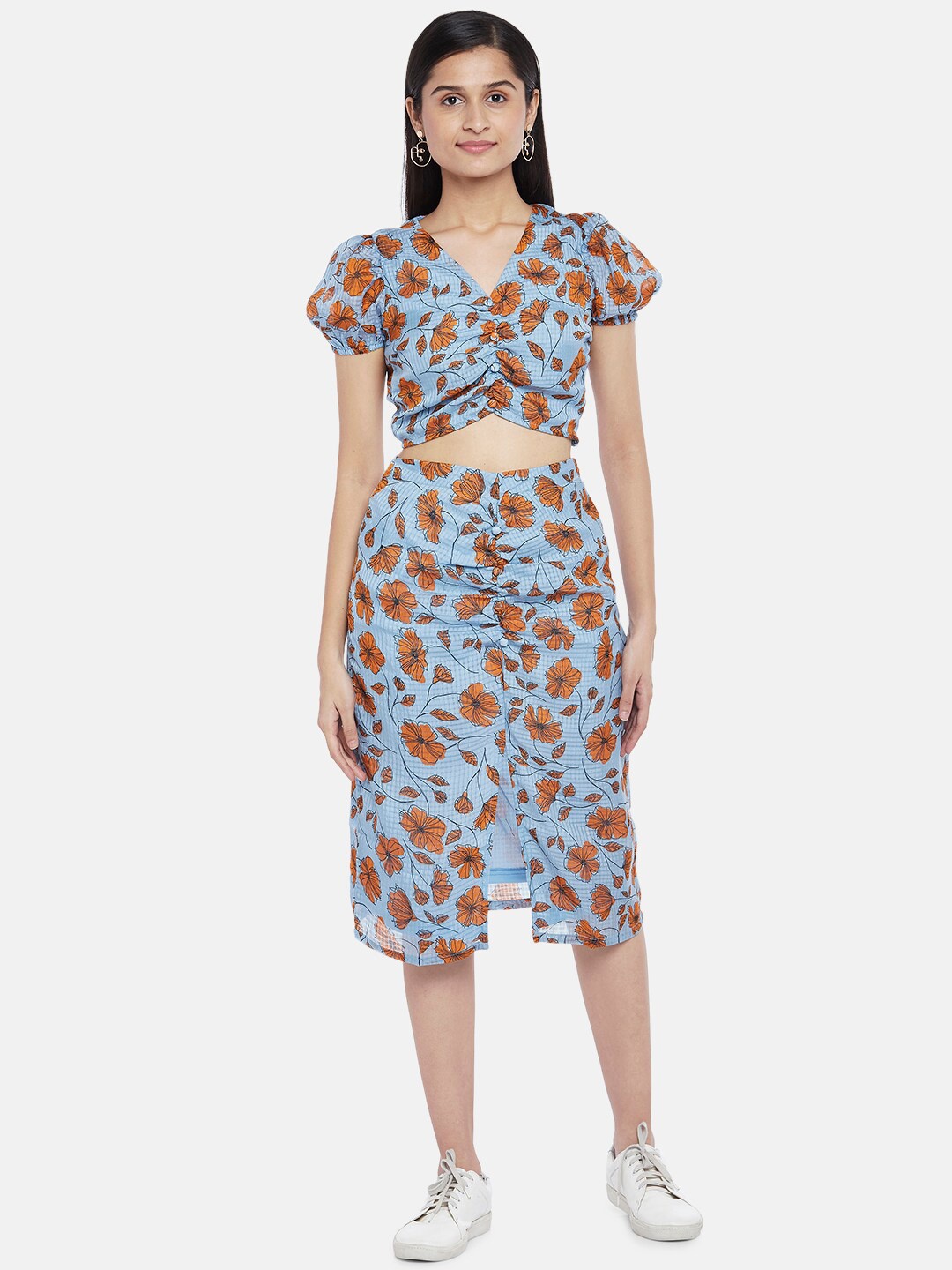 

People Blue & Orange Floral Printed V-Neck Bishop Sleeves Ruched Crepe Co-ordinate Dress