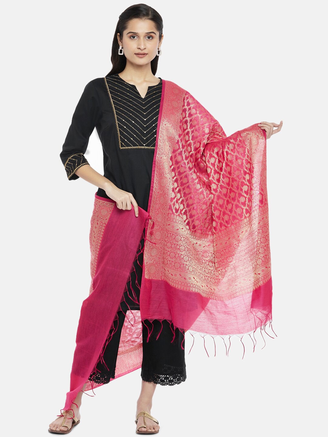 

RANGMANCH BY PANTALOONS Women Fuchsia & Gold-Toned Woven Design Dupatta