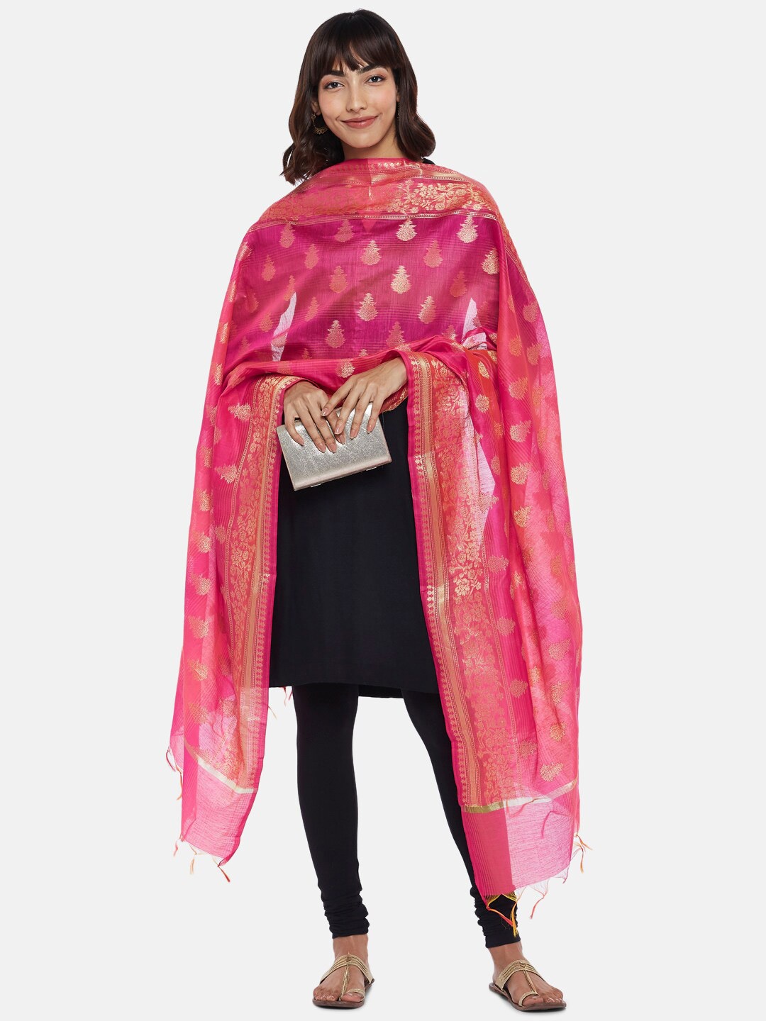 

RANGMANCH BY PANTALOONS Fuchsia & Gold-Toned Ethnic Motifs Woven Design Dupatta with Zari