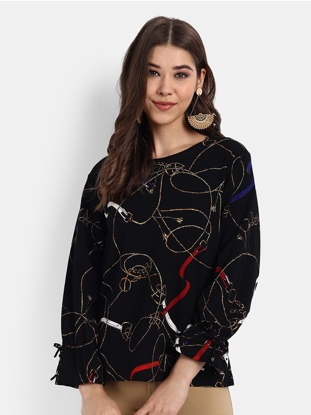 

BROADSTAR Black & Brown Abstract Printed Round Neck Bell Sleeves Regular Top