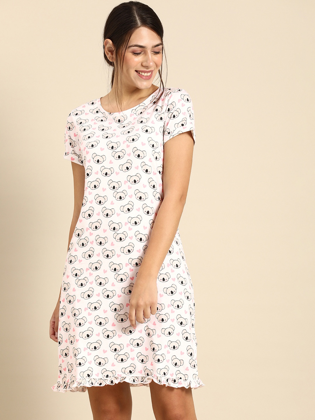 

Dreamz by Pantaloons White Printed Pure Cotton T-Shirt Nightdress