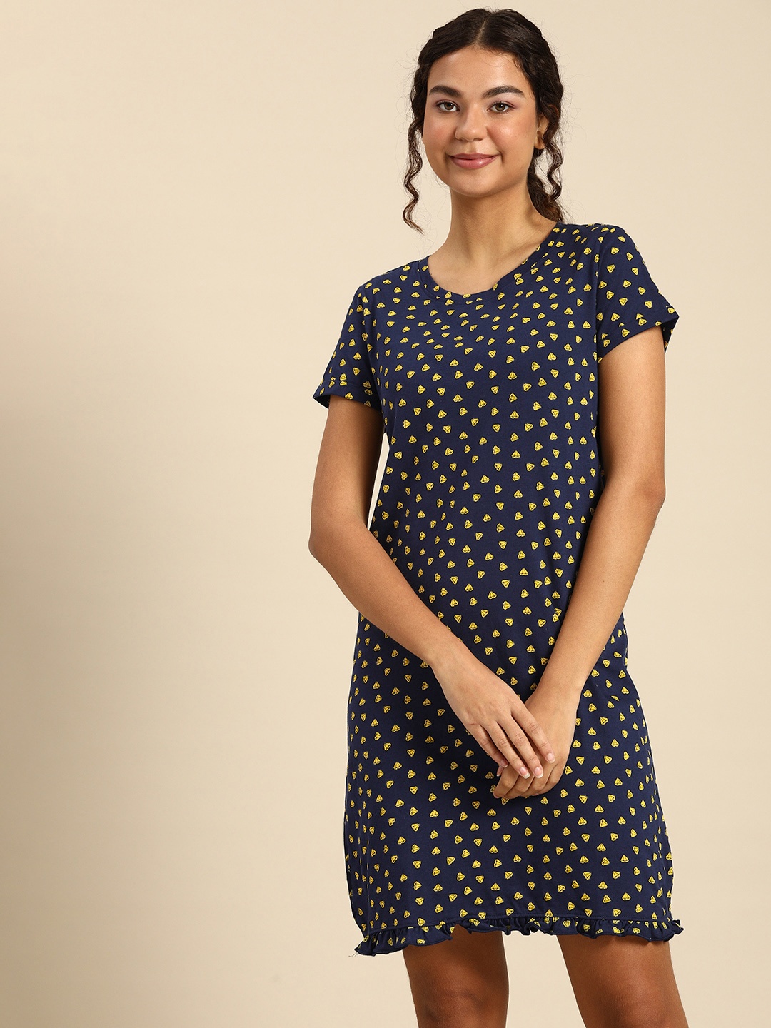

Dreamz by Pantaloons Navy Blue Printed Pure Cotton T-Shirt Nightdress