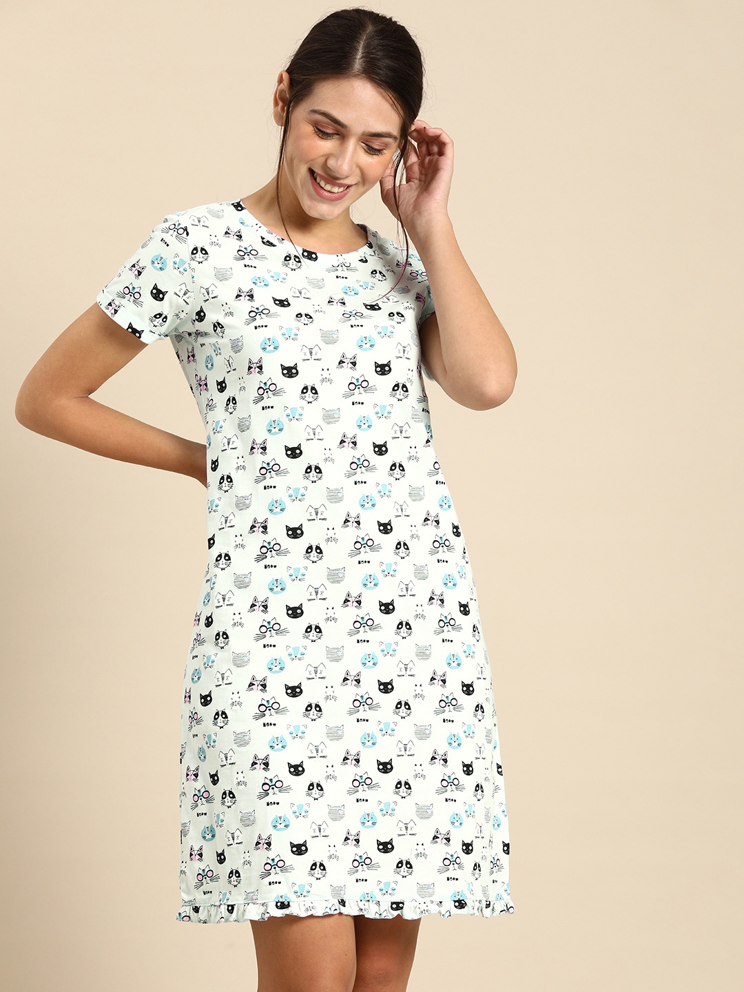 

Dreamz by Pantaloons Blue Printed Nightdress, Turquoise blue