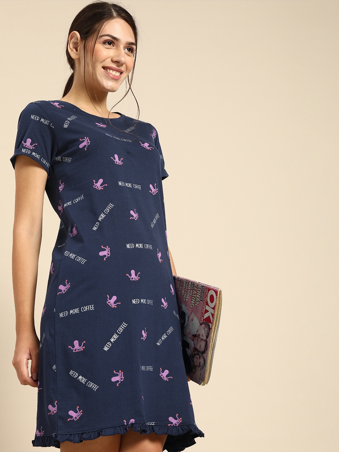 

Dreamz by Pantaloons Women Navy Blue Typography Print Pure Cotton T-shirt Nightdress