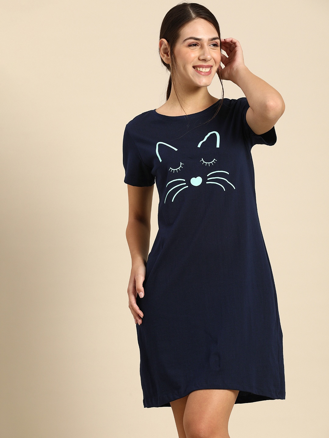

Dreamz by Pantaloons Navy Blue Printed Pure Cotton Nightdress