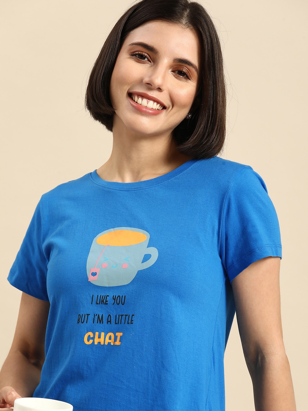 

Dreamz by Pantaloons Women Blue Typography Print Pure Cotton T-Shirt Nightdress