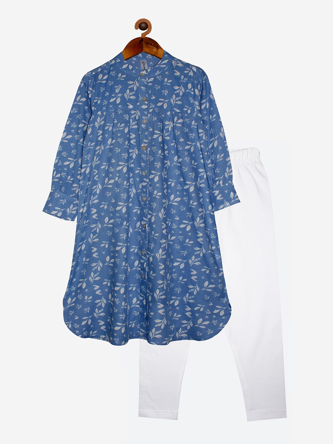 

KiddoPanti Girls Blue Floral Printed Pleated Kurta with Pyjamas
