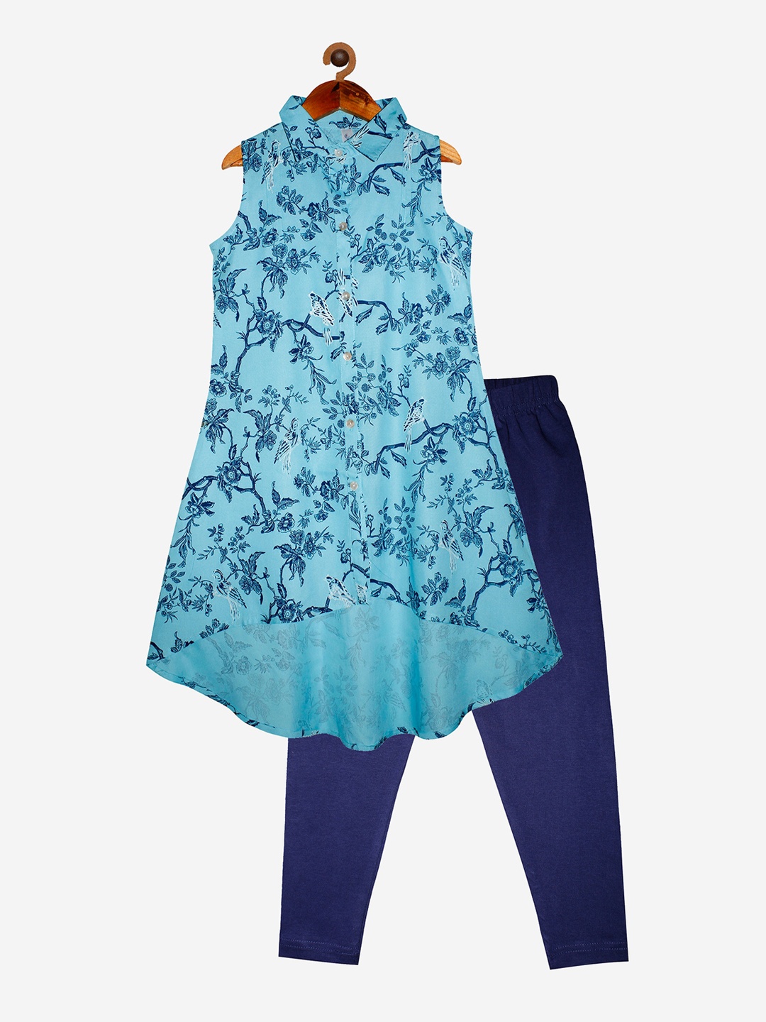 

KiddoPanti Girls Blue & Navy Blue Floral Printed Kurti With Leggings