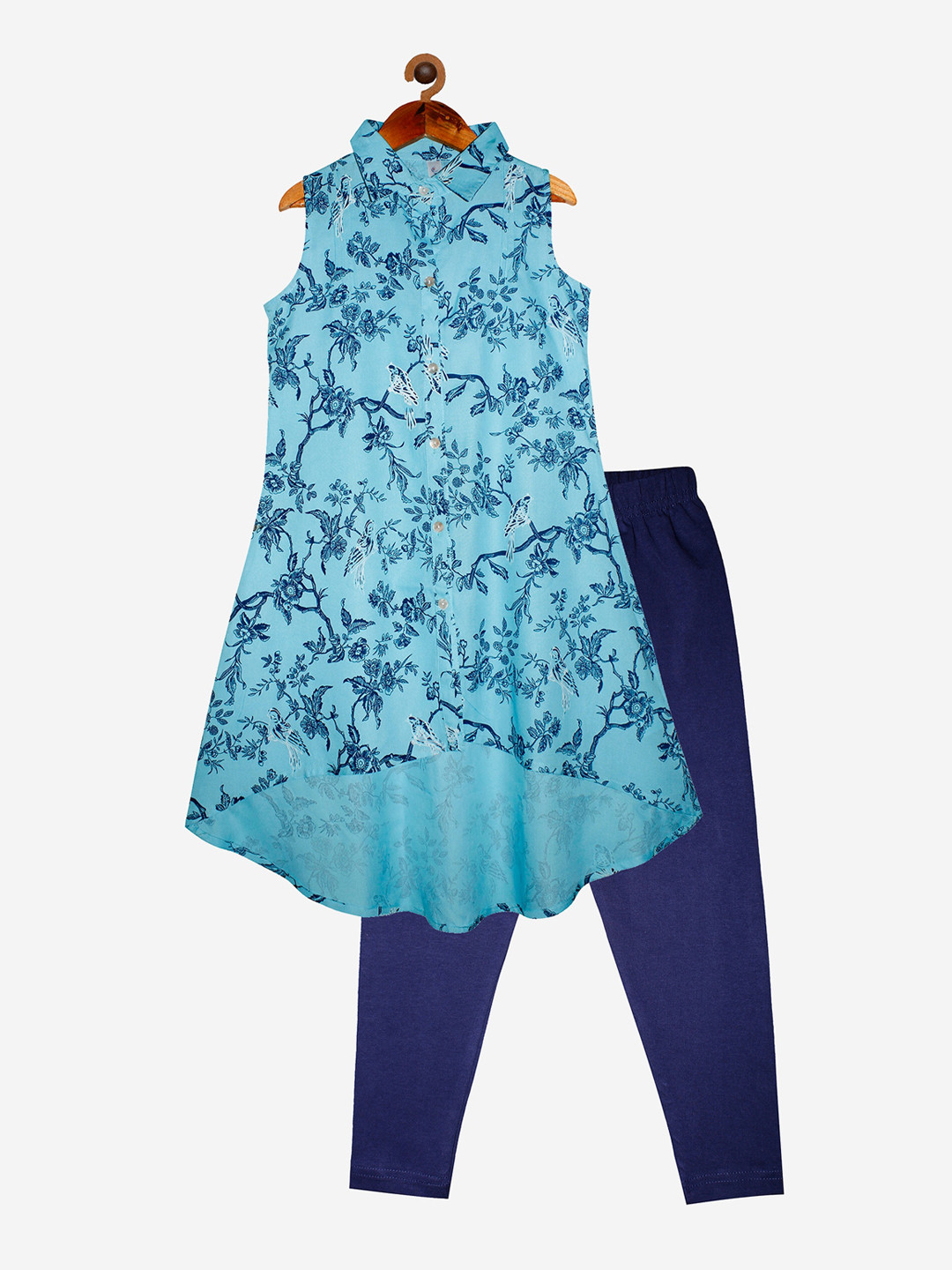 

KiddoPanti Girls Blue Floral Printed Kurta with Leggings