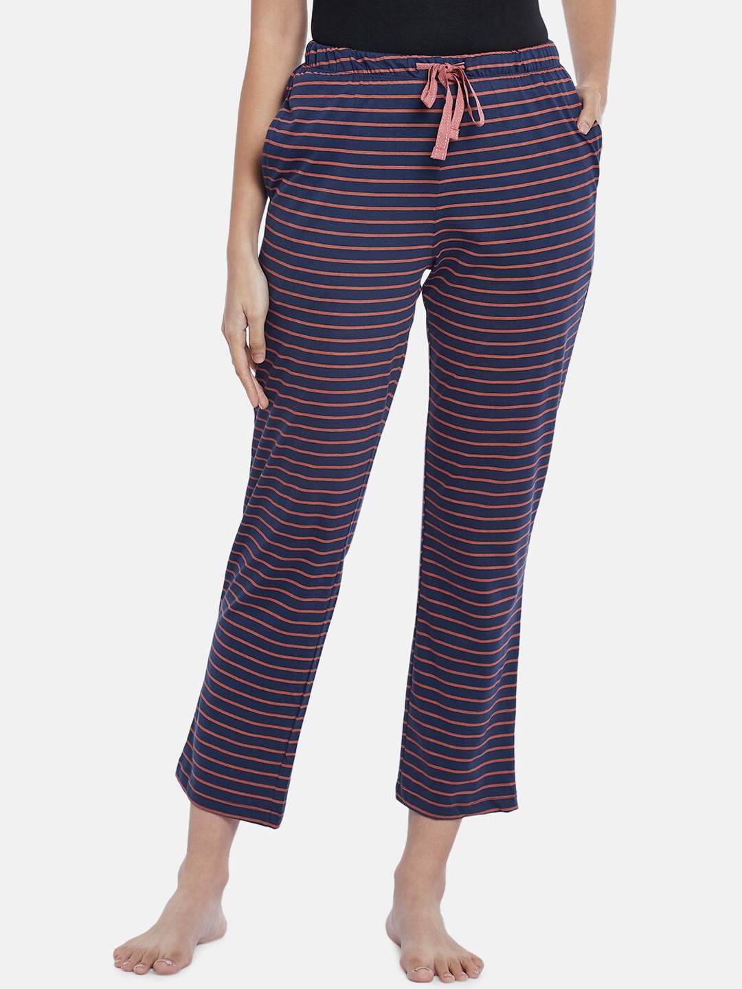 

Dreamz by Pantaloons Women Pink & Navy Blue Striped Cotton Lounge Pants