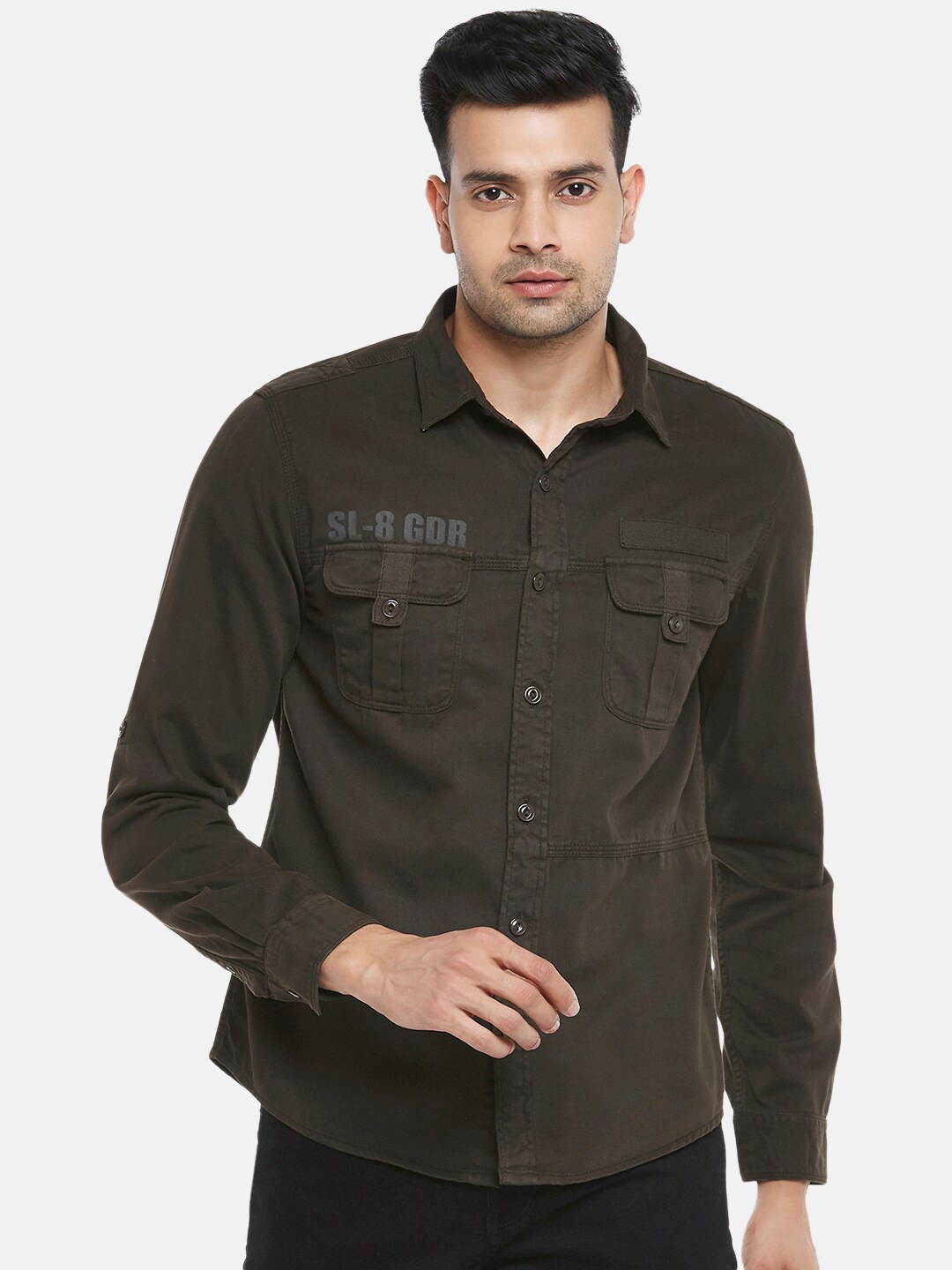 

People Men Olive Green Slim Fit Casual Shirt