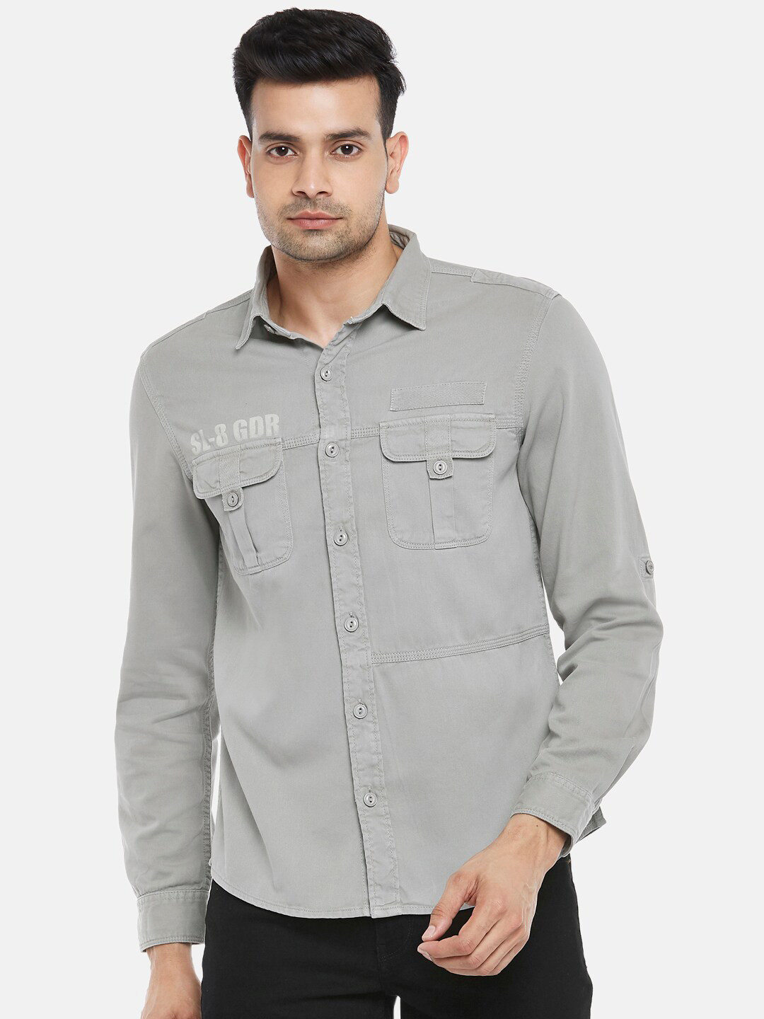

People Men Grey Slim Fit Printed Pure Cotton Casual Shirt