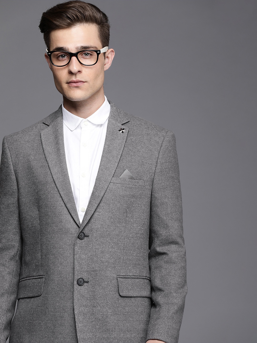 

Theme Men Grey Self Design Single-Breasted Regular-Fit Notched Collar Formal Blazer