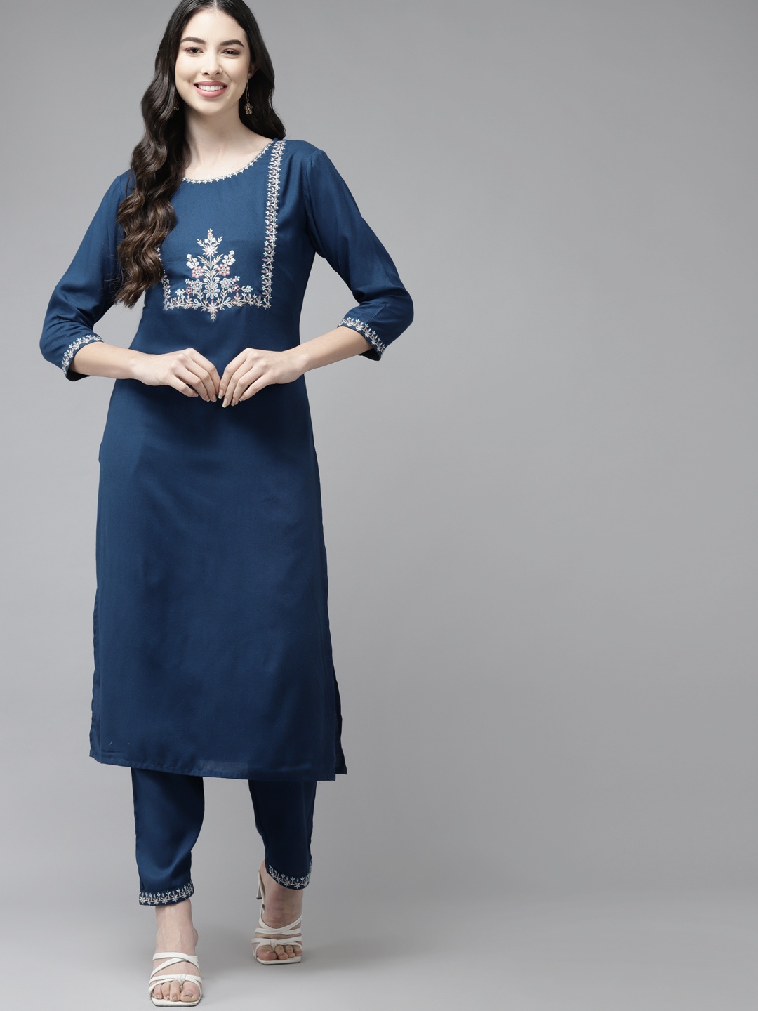 

Yufta Women Blue Yoke Design Thread Work Kurta with Palazzos