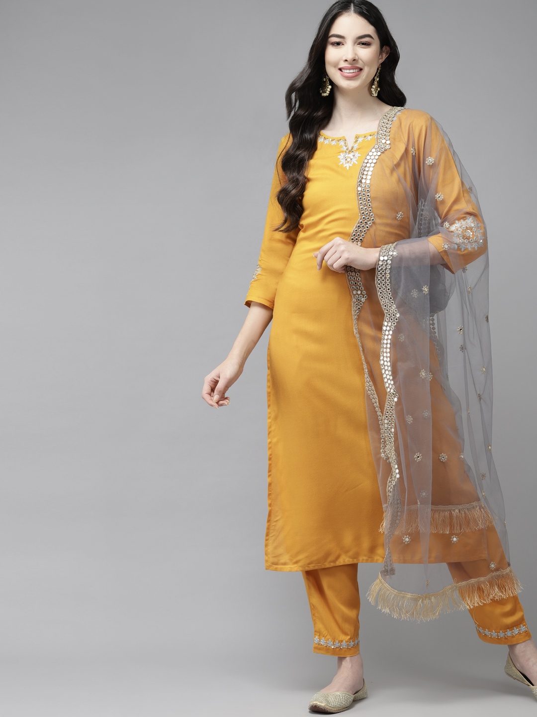 

Yufta Women Yellow Sequinned Kurta with Palazzos & With Dupatta
