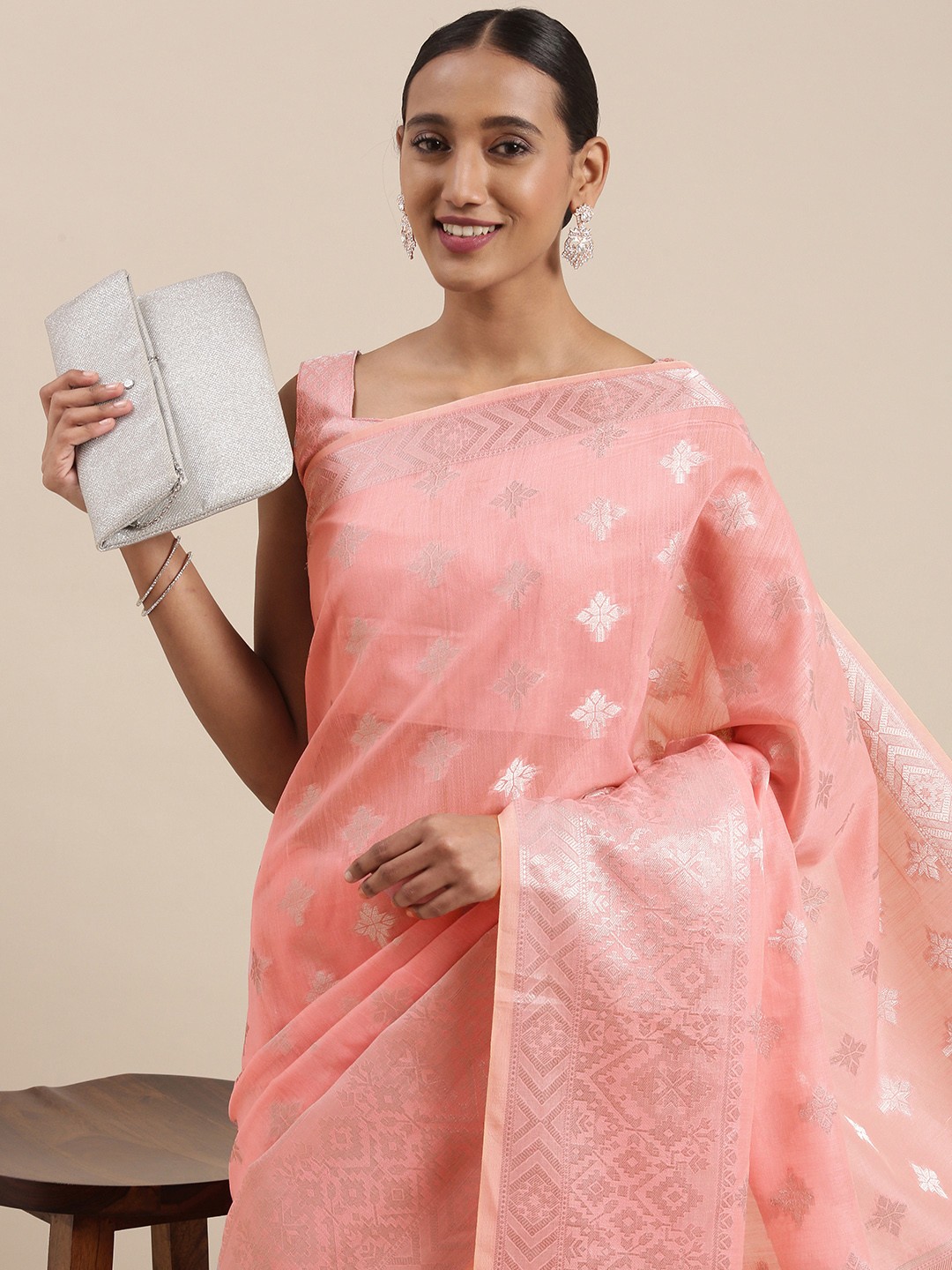 

Mitera Pink & Silver Ethnic Motifs Cotton Jacquard Banarasi Saree