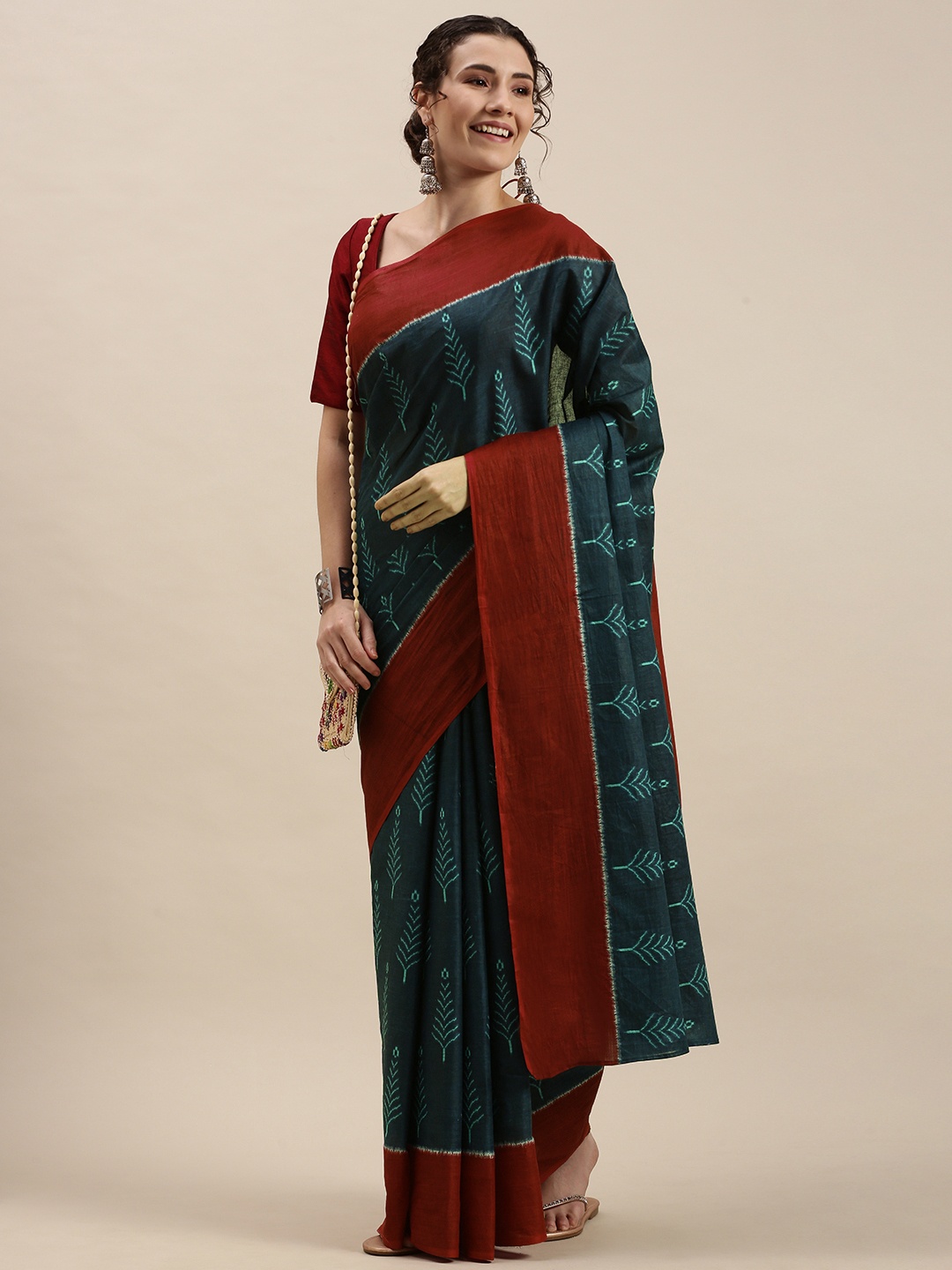 

KALINI Teal & Maroon Ethnic Motifs Print Pure Cotton Saree