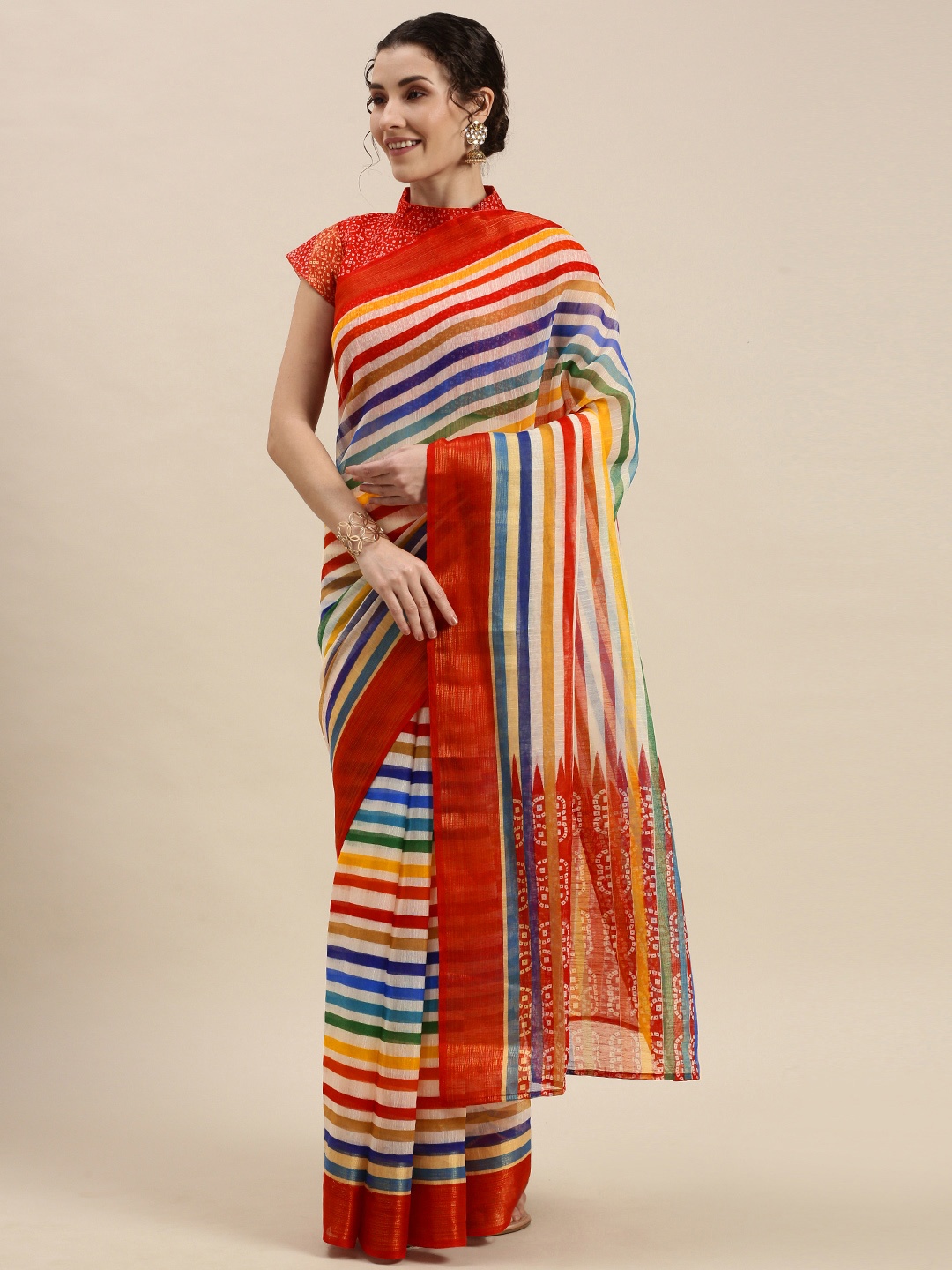 

KALINI Beige & Orange Variegated Striped Saree