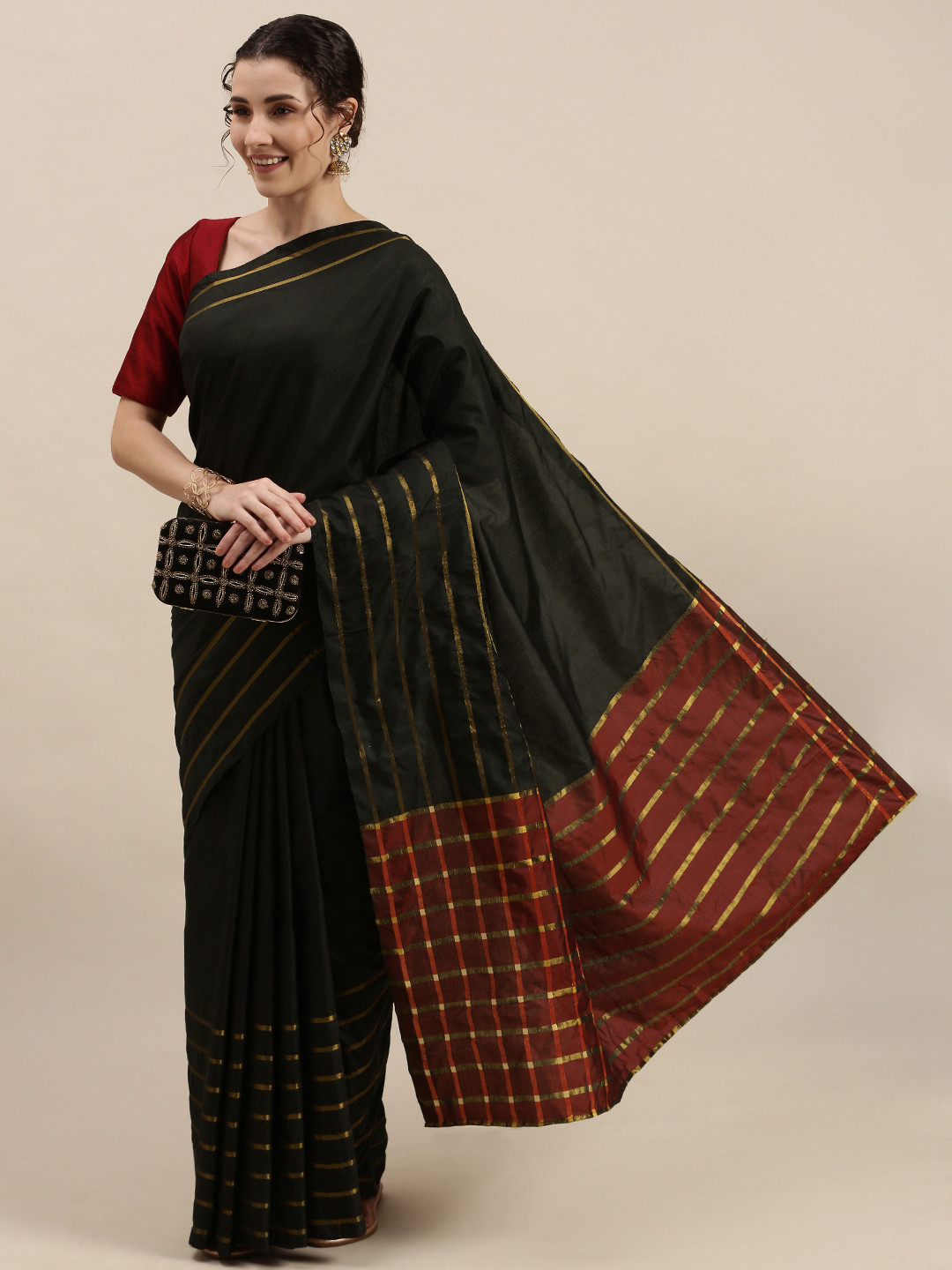 

KALINI Black & Maroon Solid Saree