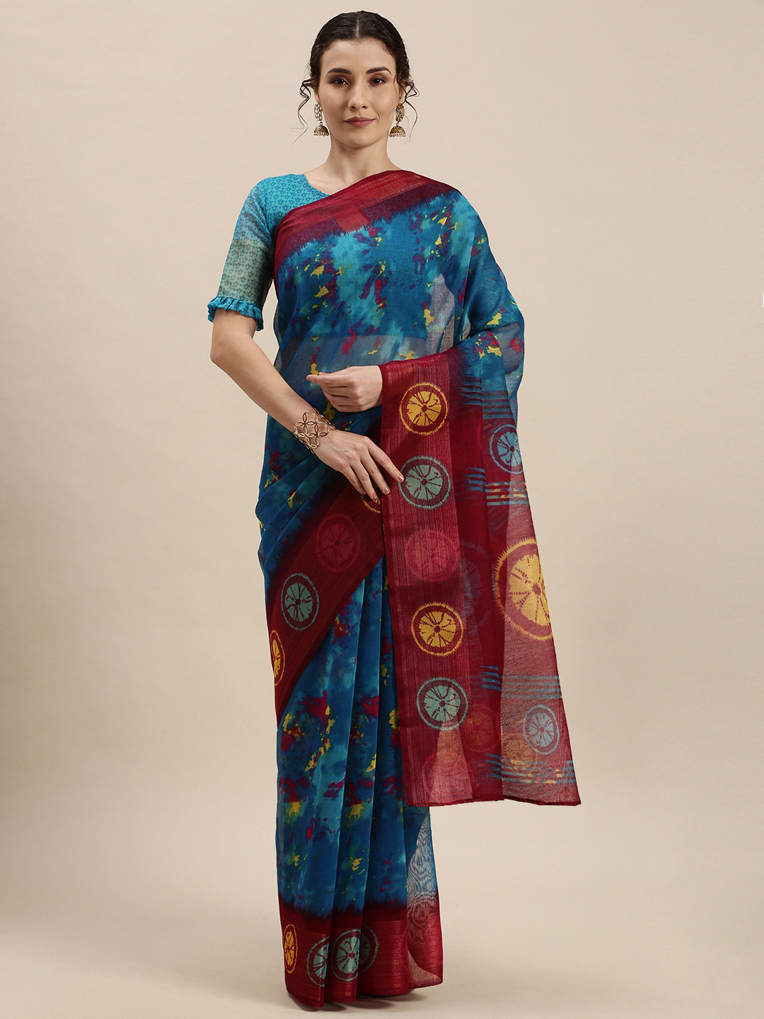 

KALINI Blue & Red Tie and Dye Print Saree