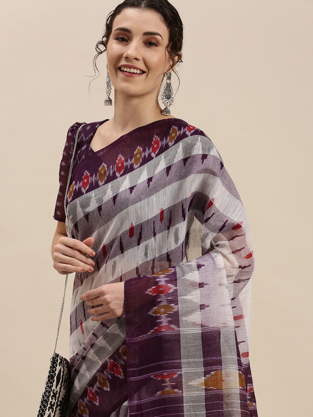 

KALINI White & Purple Geometric Printed Saree