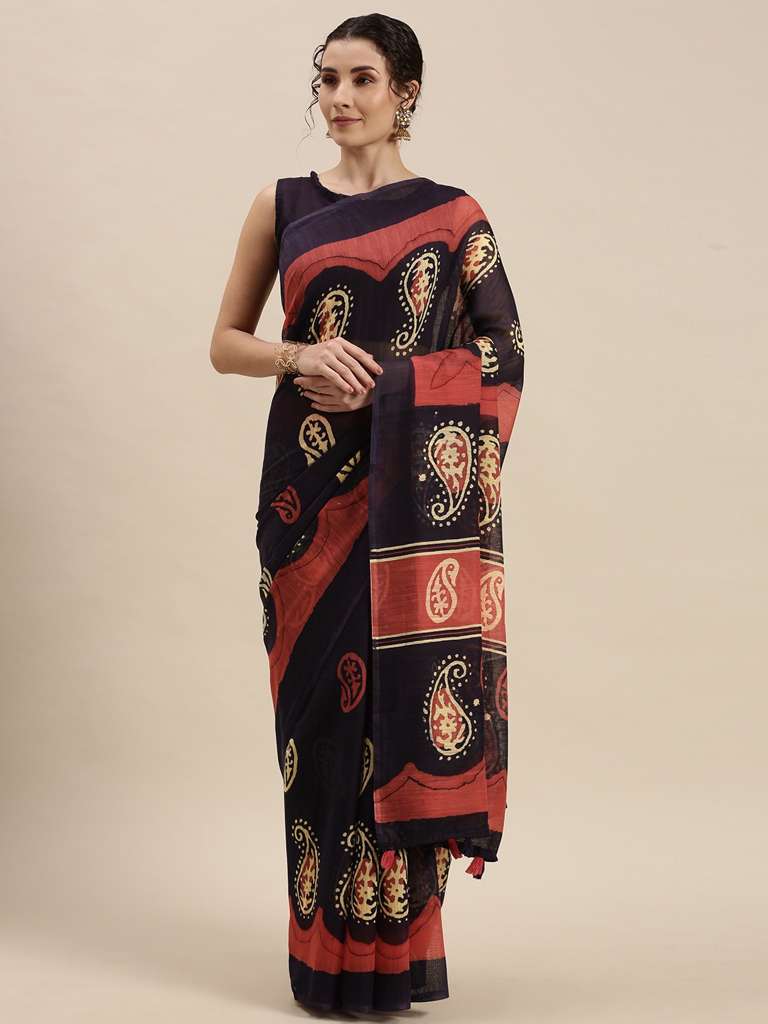 

KALINI Navy Blue & Beige Paisley Print Saree