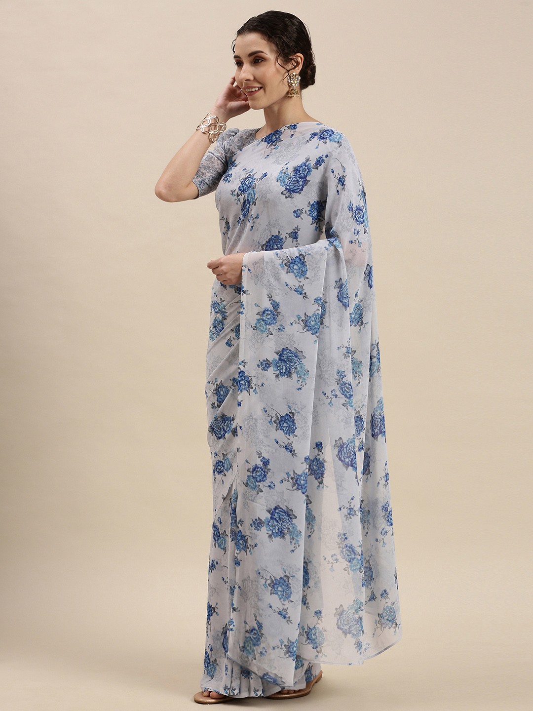 

KALINI Grey & Blue Floral Print Pure Georgette Saree