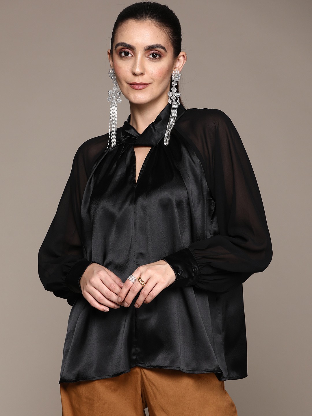 

aarke Ritu Kumar Black Keyhole Neck Satin Top