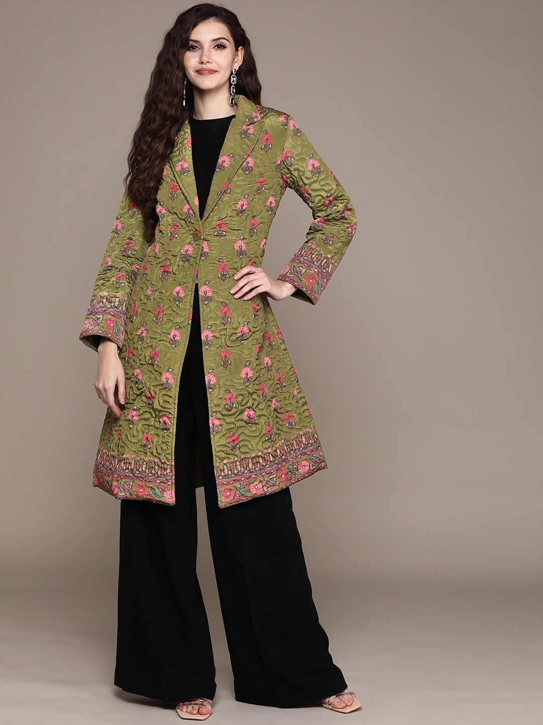 

aarke Ritu Kumar Women Olive Green & Pink Floral Print Trench Coat