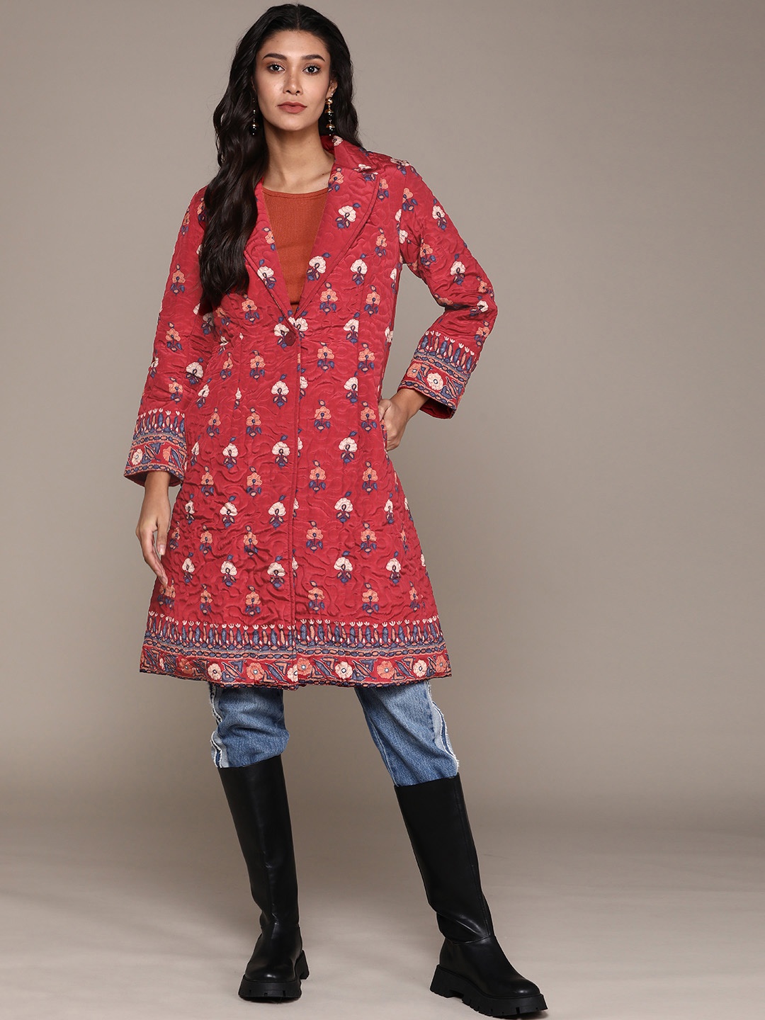 

aarke Ritu Kumar Women Red & White Floral Print Trench Coat