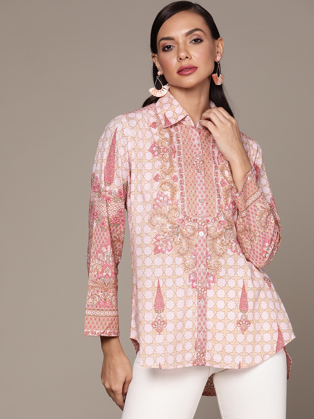 

aarke Ritu Kumar Women Pink & Beige Ethnic Motif Print Casual Shirt