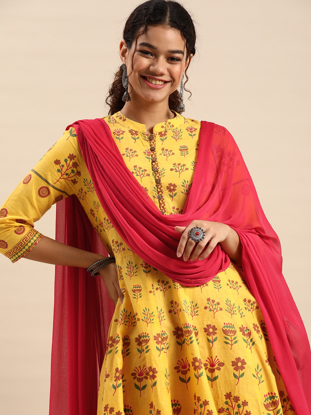 

Anouk Women Yellow Pure Cotton Printed Kurta with Palazzos & Dupatta